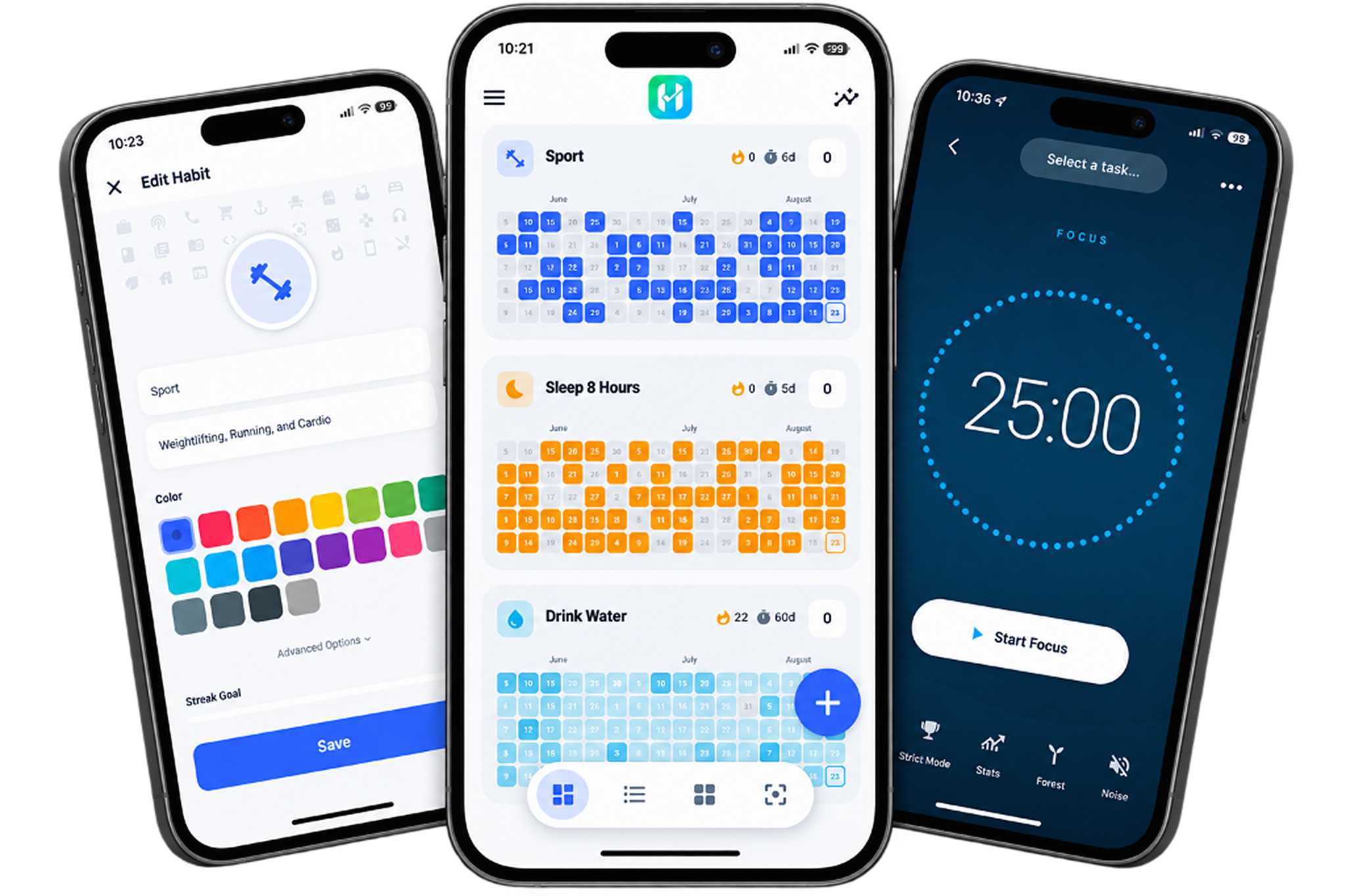 Habito app screens showing habit creation, visual tile grids, and Pomodoro focus timer