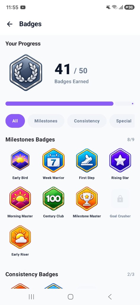 Habito Badges and Milestones screen with achievement unlock badges