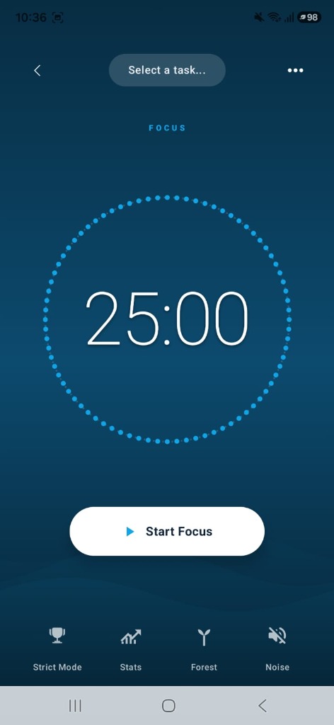 Habito 25-minute Pomodoro focus timer with task selector, strict mode, stats, and ambient noise