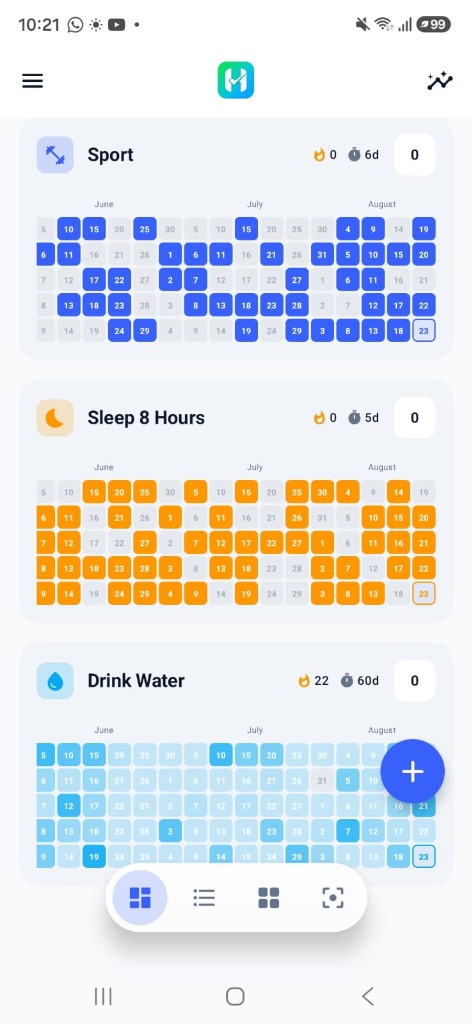 Habito multi-month habit tile heatmaps for Sport, Sleep, and Drink Water