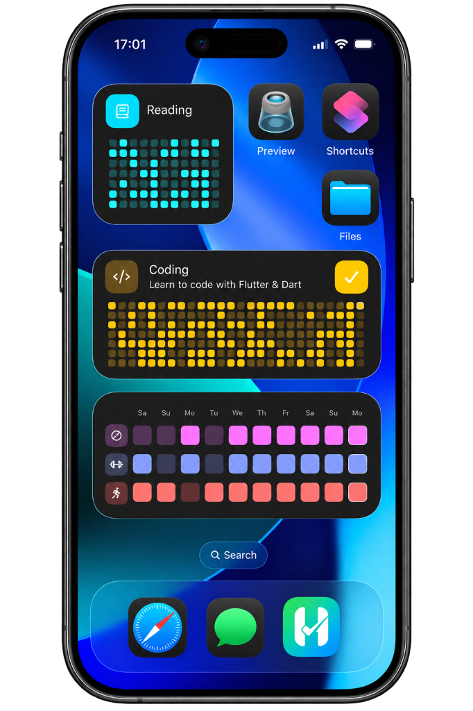 Habito iOS and Android home screen widgets with heatmaps and check-in buttons