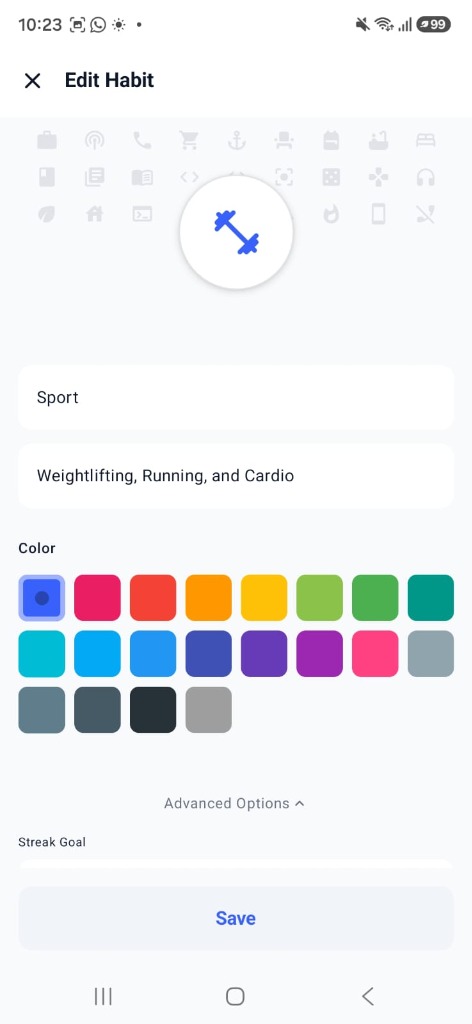 Habito Edit Habit screen with icon library and 30+ vibrant color palette options