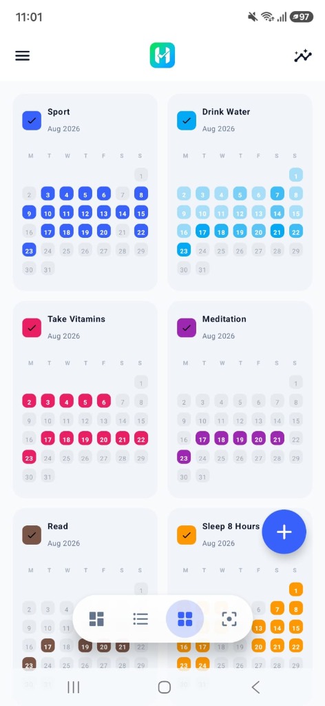 Habito multi-habit calendar grid view showing a dozen habits side by side